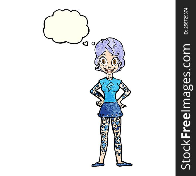 cartoon woman with heavy tattoos with thought bubble