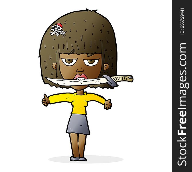 cartoon woman with knife between teeth