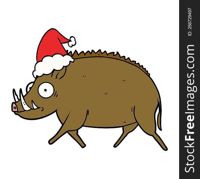 line drawing of a wild boar wearing santa hat