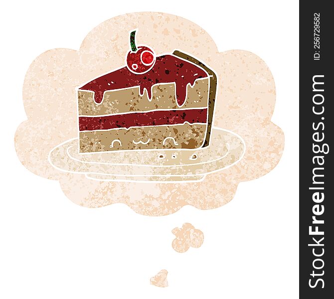 cartoon cake with thought bubble in grunge distressed retro textured style. cartoon cake with thought bubble in grunge distressed retro textured style