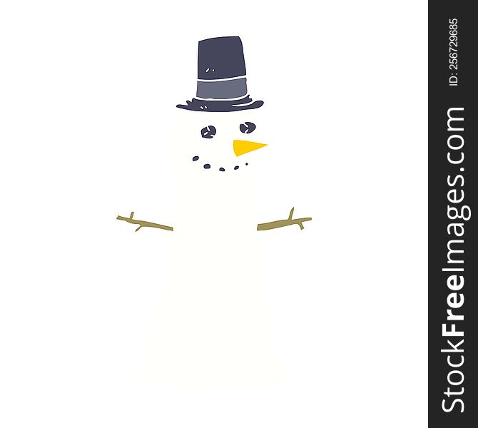 Flat Color Illustration Of A Cartoon Snowman In Top Hat