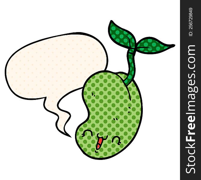 cute cartoon seed sprouting with speech bubble in comic book style