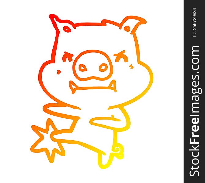 warm gradient line drawing of a angry cartoon pig karate kicking