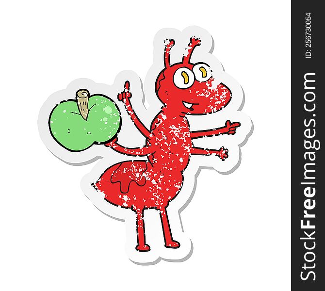 Retro Distressed Sticker Of A Cartoon Ant With Apple