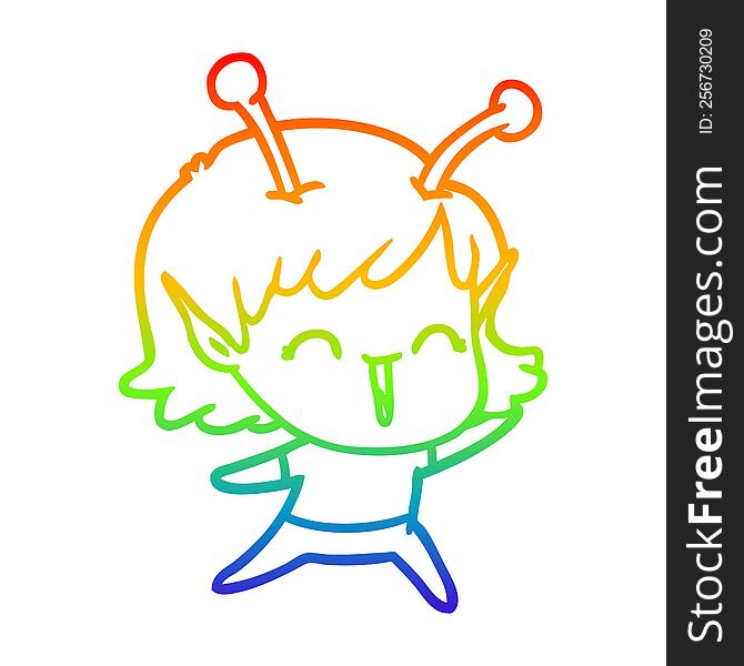 Rainbow Gradient Line Drawing Cartoon Alien Girl Laughing