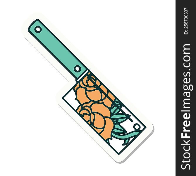 Tattoo Style Sticker Of A Cleaver And Flowers