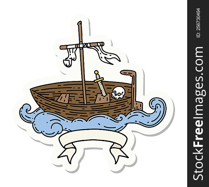 sticker of a tattoo style empty boat with skull