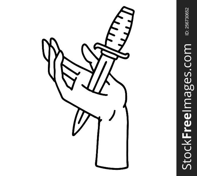 tattoo in black line style of a dagger in the hand. tattoo in black line style of a dagger in the hand