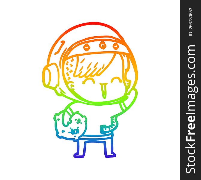 rainbow gradient line drawing of a cartoon happy spacegirl holding moon rock