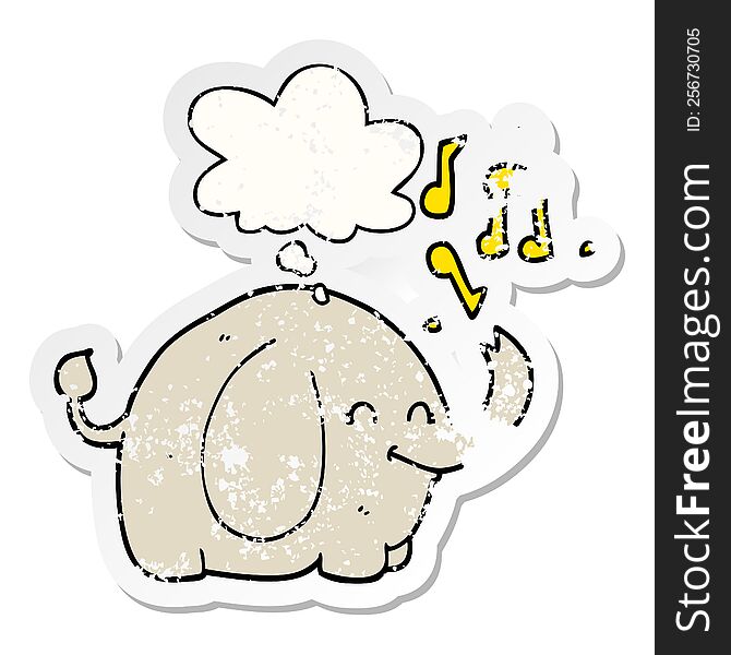 Cartoon Trumpeting Elephant And Thought Bubble As A Distressed Worn Sticker