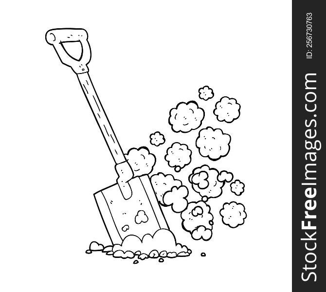 freehand drawn black and white cartoon shovel in dirt
