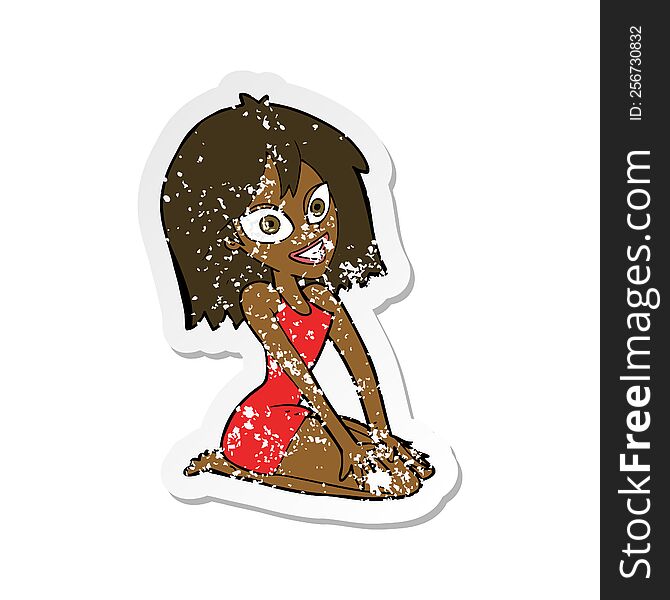 Retro Distressed Sticker Of A Cartoon Happy Woman In Dress