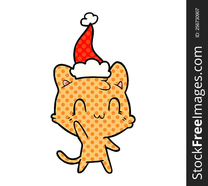 Comic Book Style Illustration Of A Happy Cat Wearing Santa Hat