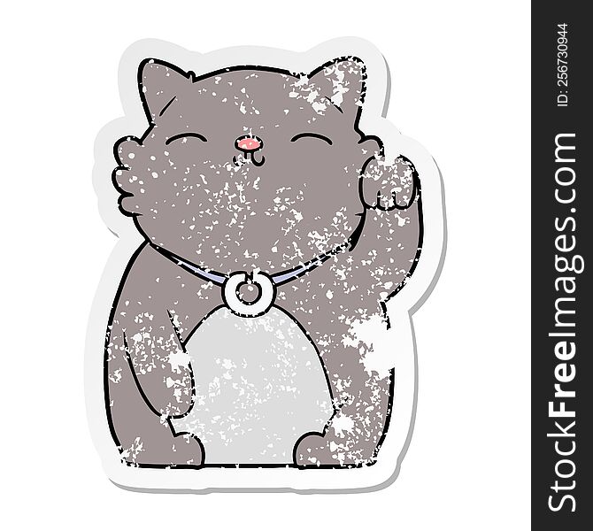 Distressed Sticker Of A Cartoon Cat Waving
