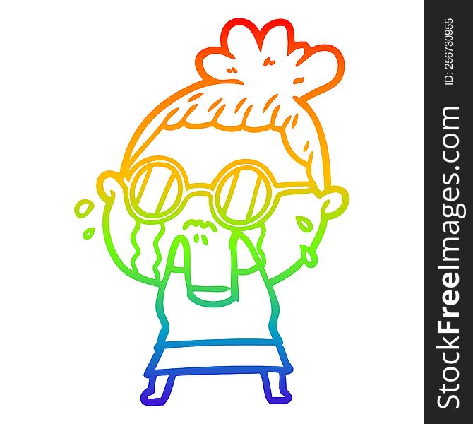 rainbow gradient line drawing of a cartoon crying woman wearing sunglasses