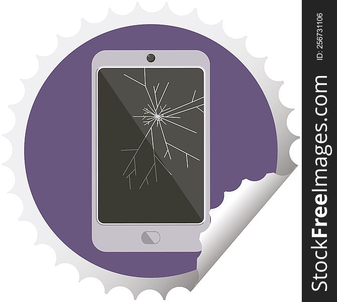 cracked screen cell phone graphic vector illustration round sticker stamp. cracked screen cell phone graphic vector illustration round sticker stamp