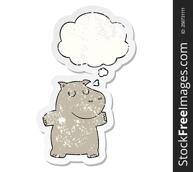 cartoon hippo with thought bubble as a distressed worn sticker