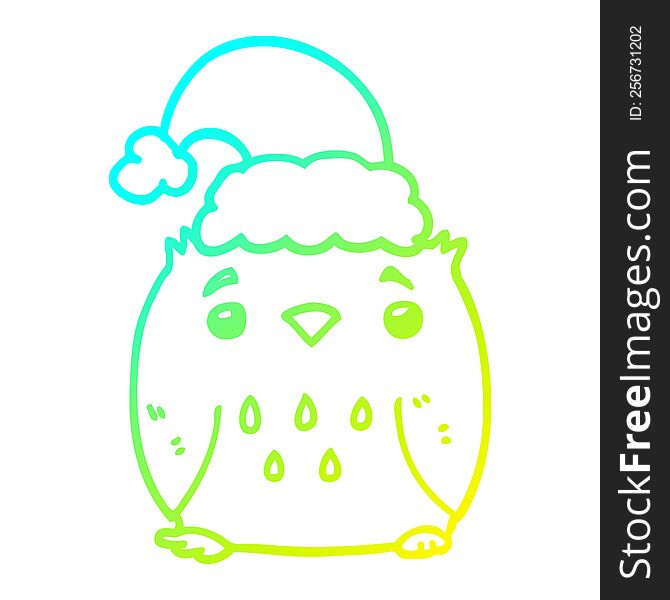 Cold Gradient Line Drawing Cute Cartoon Owl Wearing Christmas Hat