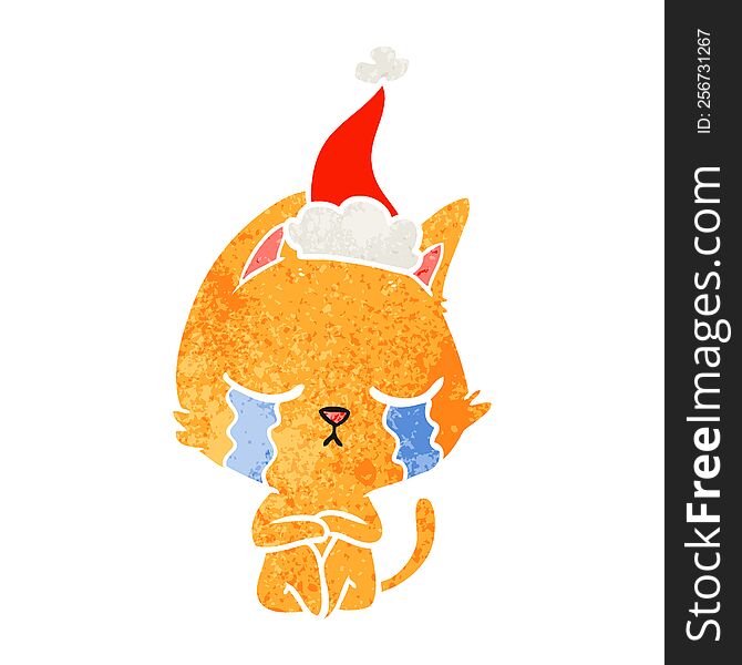 Crying Retro Cartoon Of A Cat Sitting Wearing Santa Hat