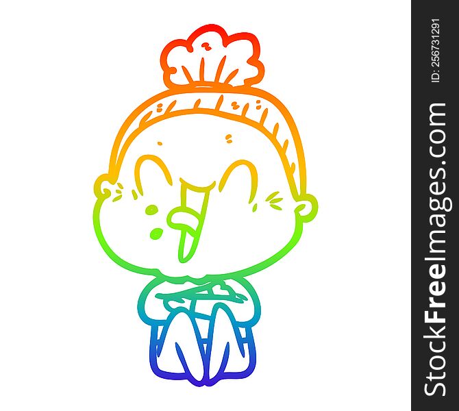 rainbow gradient line drawing of a cartoon happy old woman