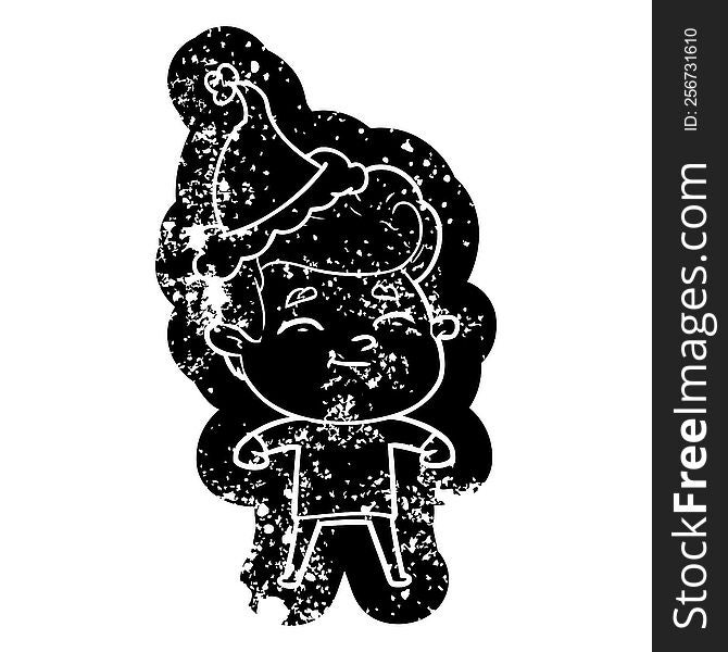 happy cartoon distressed icon of a man wearing santa hat