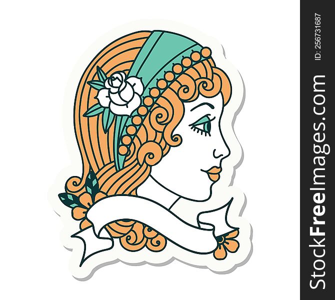 tattoo style sticker with banner of a gypsy head