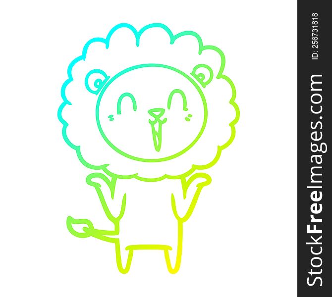 Cold Gradient Line Drawing Laughing Lion Cartoon Shrugging Shoulders