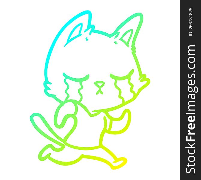 cold gradient line drawing of a crying cartoon cat running away