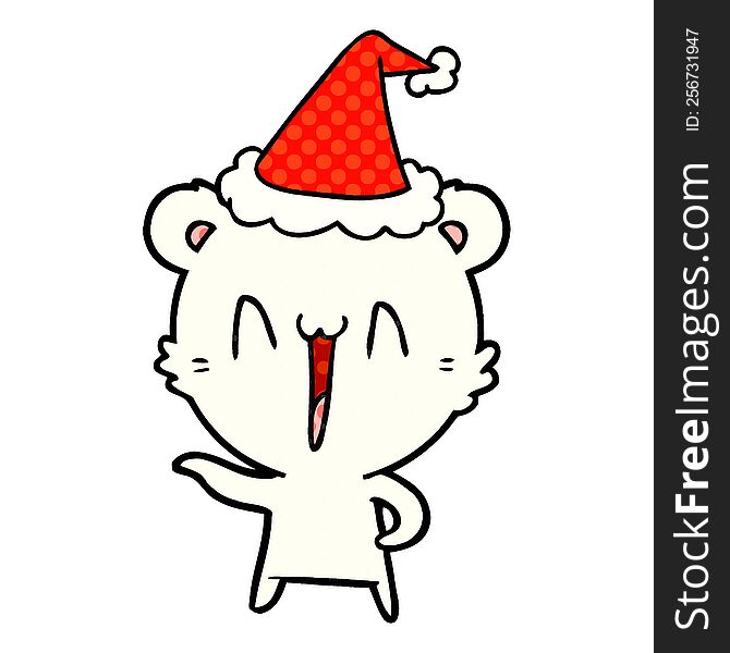 laughing polar bear hand drawn comic book style illustration of a wearing santa hat