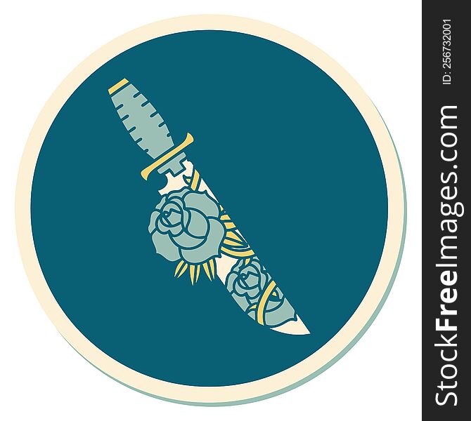 Tattoo Style Sticker Of A Dagger And Flowers