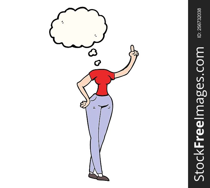 freehand drawn thought bubble cartoon female body with raised hand