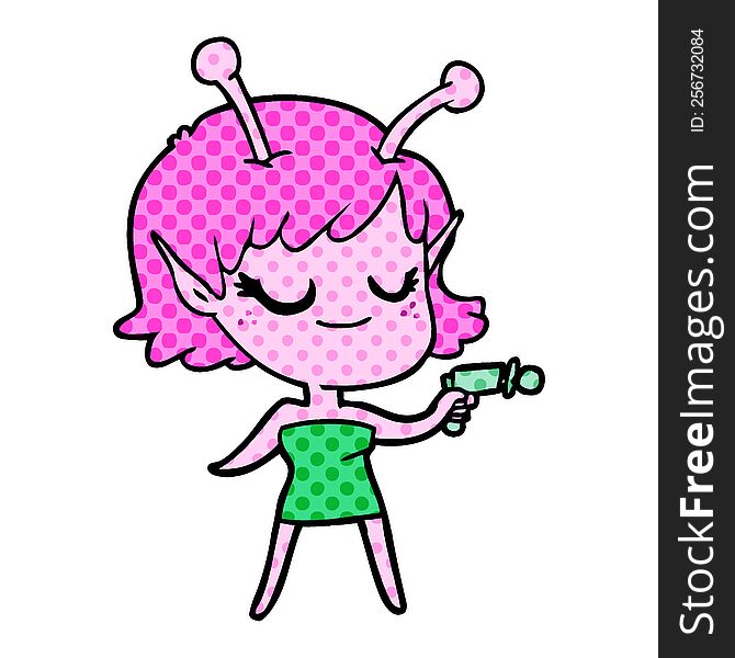smiling alien girl cartoon pointing ray gun. smiling alien girl cartoon pointing ray gun