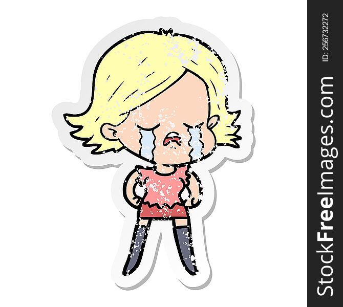 Distressed Sticker Of A Cartoon Girl Crying