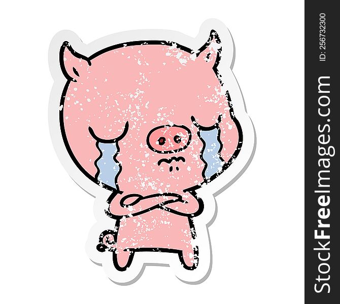Distressed Sticker Of A Cartoon Pig Crying