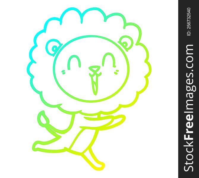 Cold Gradient Line Drawing Laughing Lion Cartoon Running