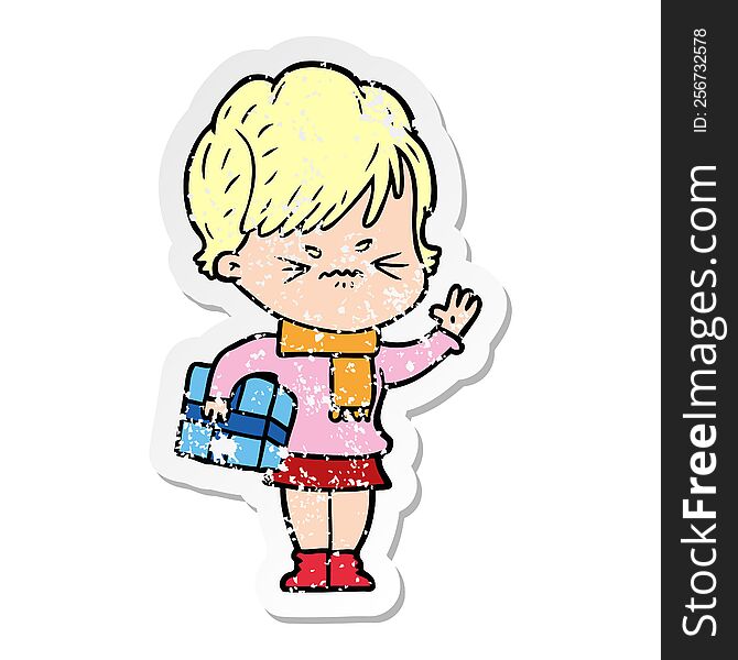 Distressed Sticker Of A Cartoon Frustrated Woman