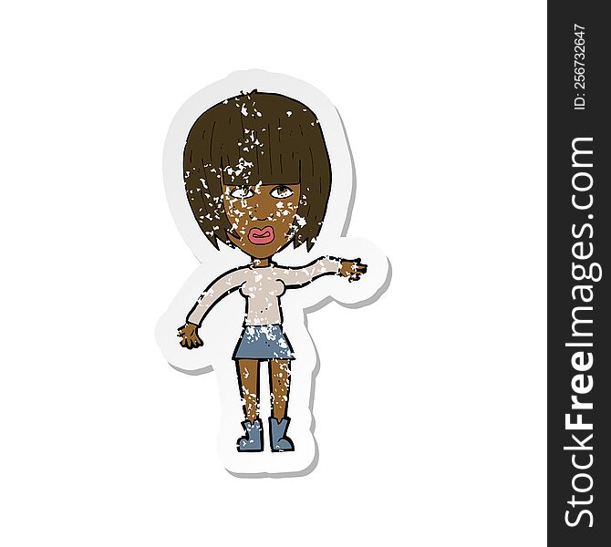 Retro Distressed Sticker Of A Cartoon Woman Waving Away