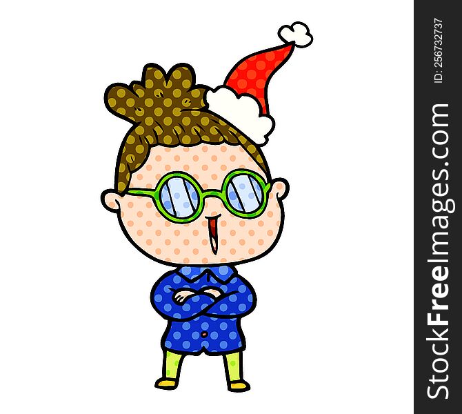 hand drawn comic book style illustration of a woman wearing spectacles wearing santa hat