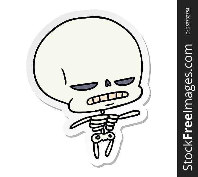 freehand drawn sticker cartoon of spooky kawaii skeleton