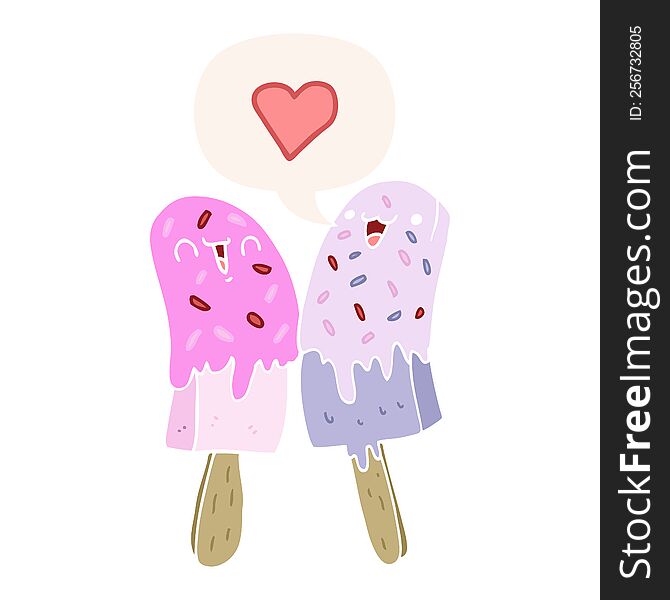 cartoon ice lolly in love with speech bubble in retro style