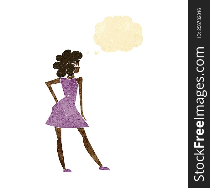 Cartoon Woman Posing In Dress With Thought Bubble
