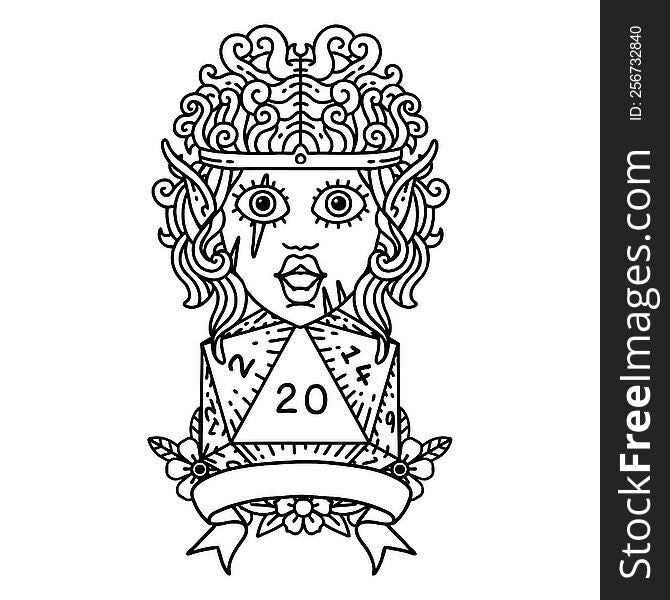 Black and White Tattoo linework Style elf barbarian character with natural twenty dice roll. Black and White Tattoo linework Style elf barbarian character with natural twenty dice roll