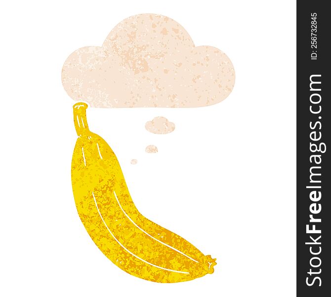 cartoon banana with thought bubble in grunge distressed retro textured style. cartoon banana with thought bubble in grunge distressed retro textured style
