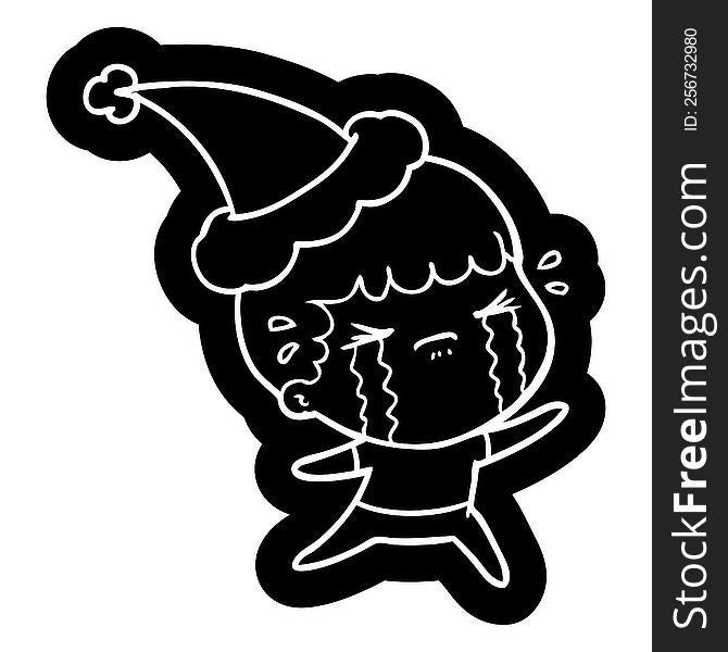 quirky cartoon icon of a man crying wearing santa hat