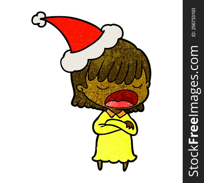 hand drawn textured cartoon of a woman talking loudly wearing santa hat