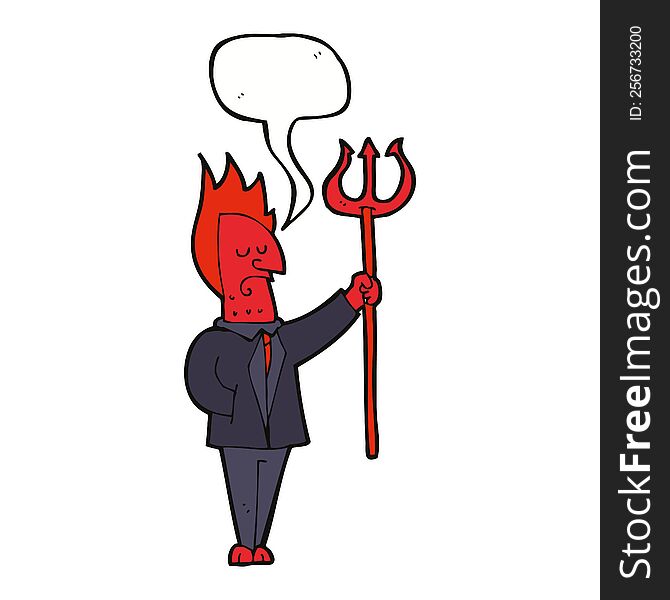 cartoon devil with pitchfork with speech bubble