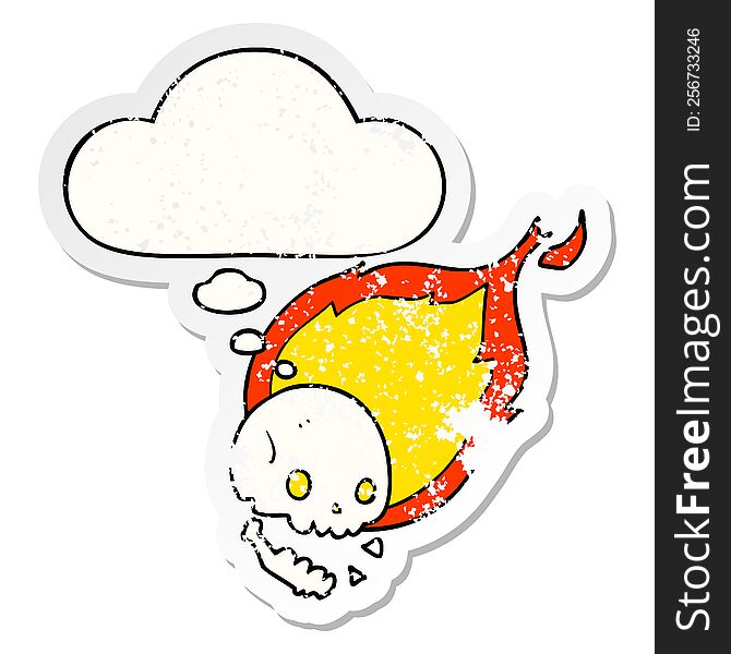 Spooky Cartoon Flaming Skull And Thought Bubble As A Distressed Worn Sticker
