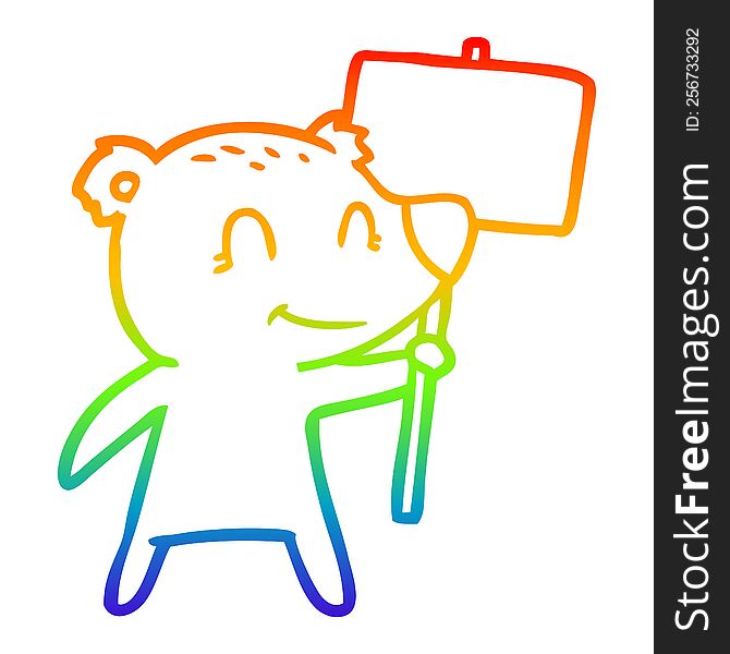 rainbow gradient line drawing of a cartoon bear holding sign