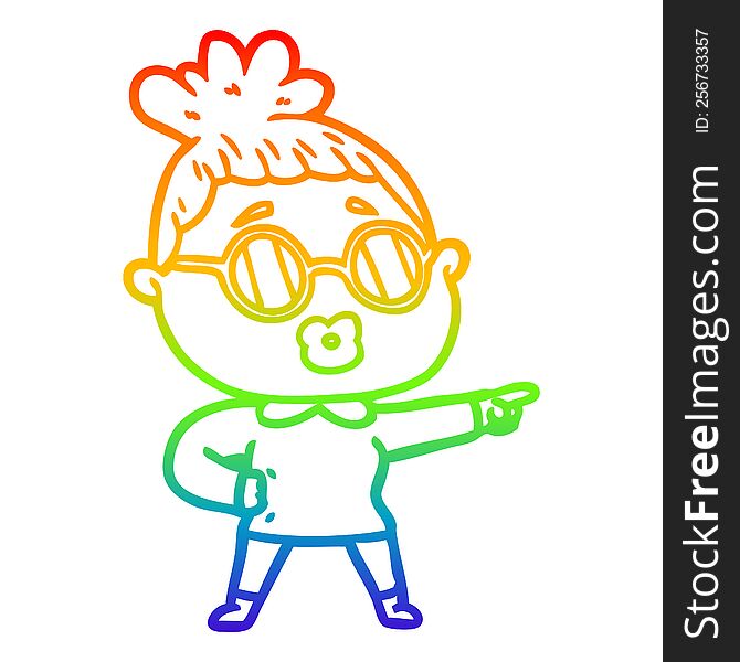 Rainbow Gradient Line Drawing Cartoon Pointing Woman Wearing Spectacles