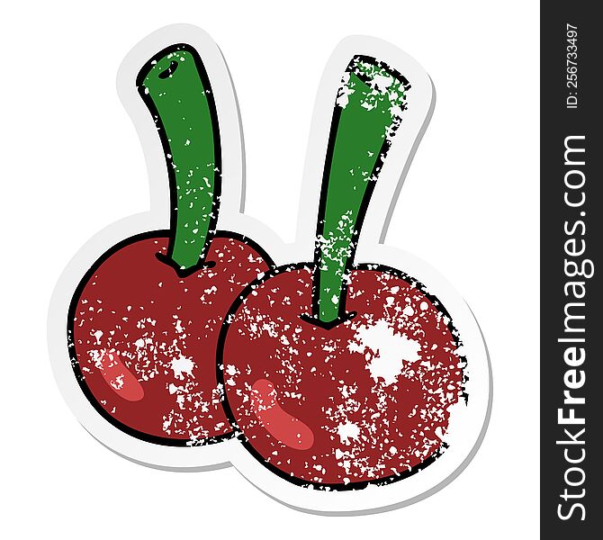 distressed sticker of a quirky hand drawn cartoon cherries